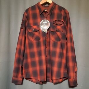 Red Plaid Leathal Threat Motorcycle Biker Long Sleeve Button Up Size Large